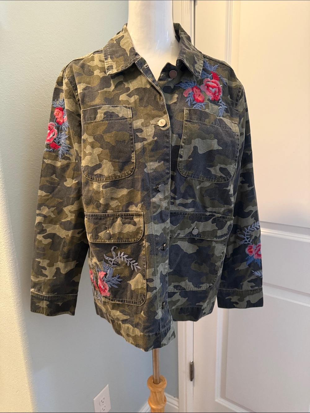 Camo Embroidered Utility Jacket - Green Floral Accent
